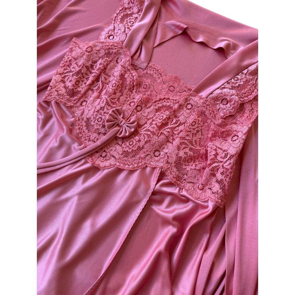 Corna Pink Satin Nightgown Robe Set L XL Lace Peignoir Korea Romantic Lingerie